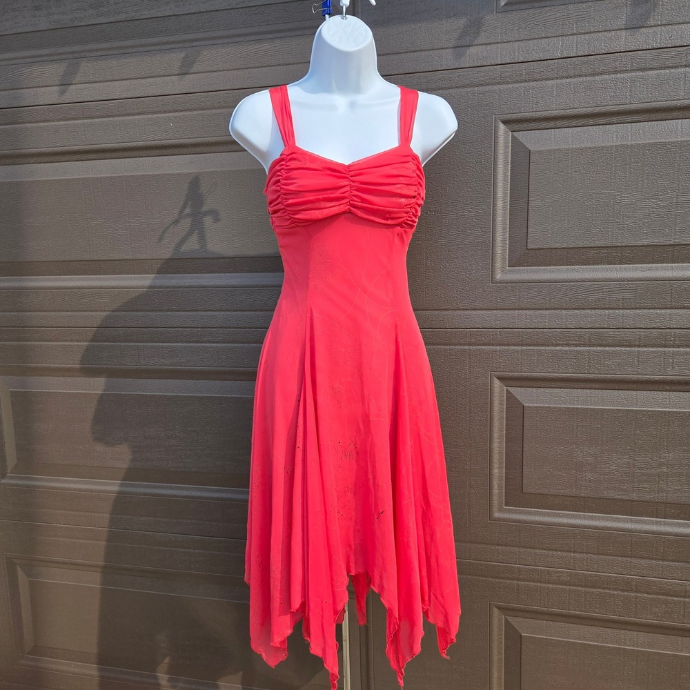 Ynes Red Glitter Floral Handkerchief Hem Dress Y2K Ruched Sweetheart Small
